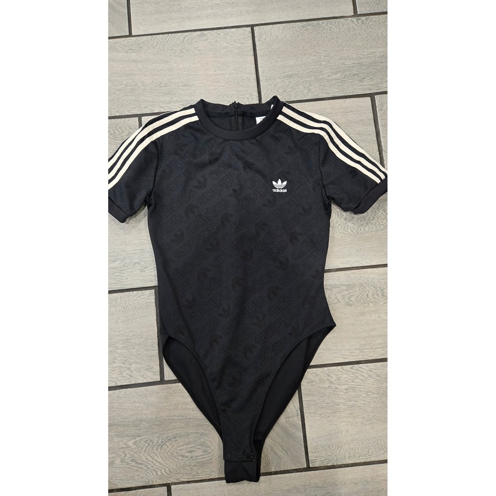 Adidas Originals Womens Black Monogram Trefoil Bodysuit Short Sleeve Small